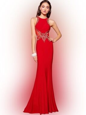 Red Embellished Halter Prom Gown